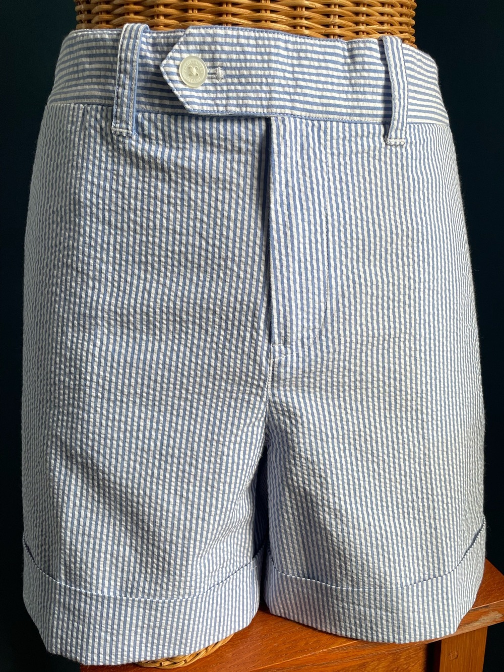 Ralph Lauren Golf Blue White Striped Seersucker Cuffed Shorts Size 10